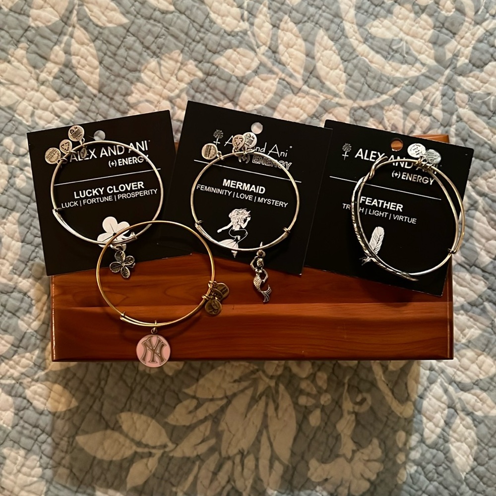 Alex and Ani bracelets Lucky Clover, Mermaid and Feather. Plus New York Yankees